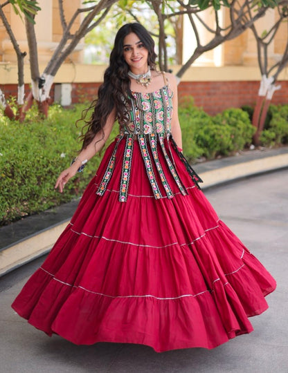 Red Pure Kora Cotton Kutchi Patchwork Navratri Lehenga Choli