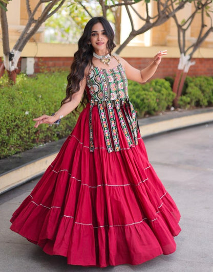 Red Pure Kora Cotton Kutchi Patchwork Navratri Lehenga Choli