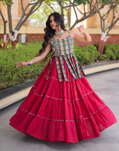 Red Pure Kora Cotton Kutchi Patchwork Navratri Lehenga Choli