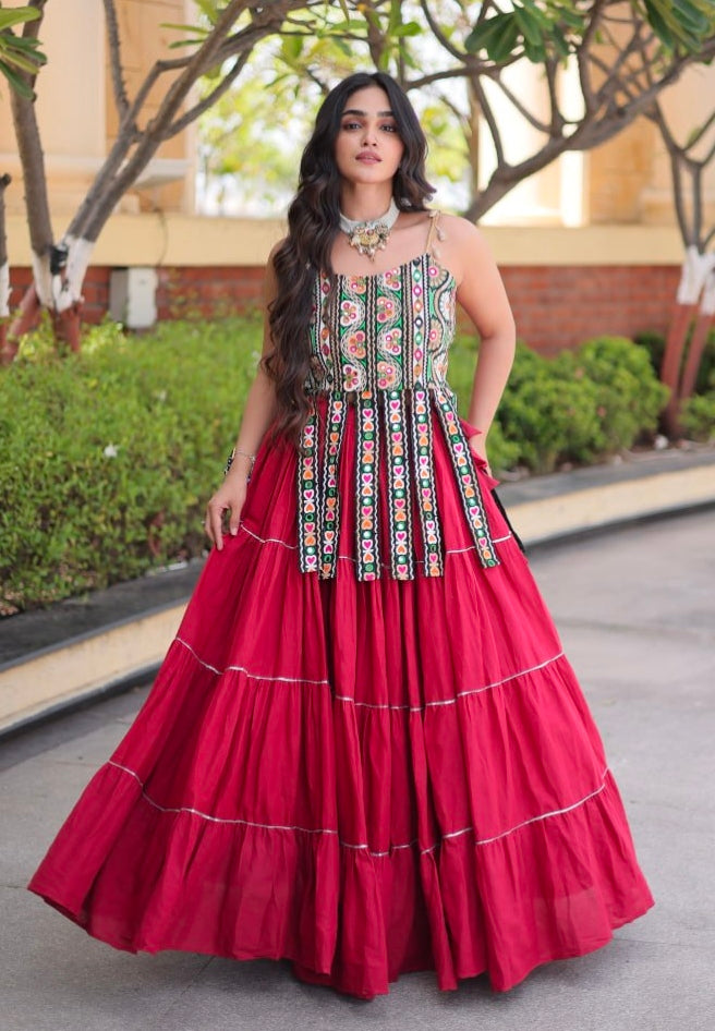 Red Pure Kora Cotton Kutchi Patchwork Navratri Lehenga Choli
