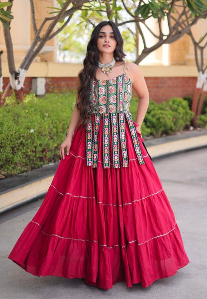 Red Pure Kora Cotton Kutchi Patchwork Navratri Lehenga Choli