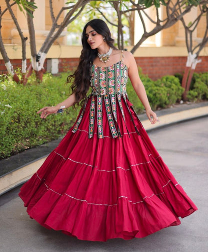Red Pure Kora Cotton Kutchi Patchwork Navratri Lehenga Choli
