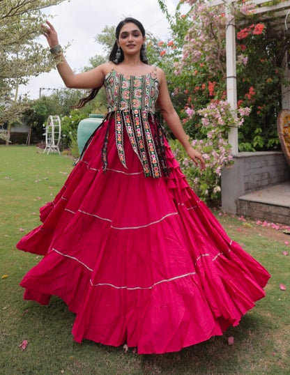 Pink Pure Kora Cotton Kutchi Patchwork Navratri Lehenga Choli