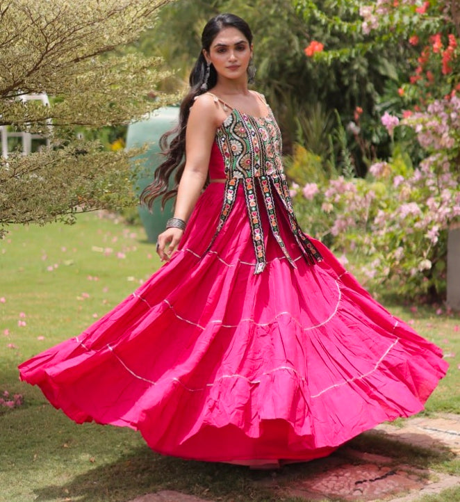Pink Pure Kora Cotton Kutchi Patchwork Navratri Lehenga Choli