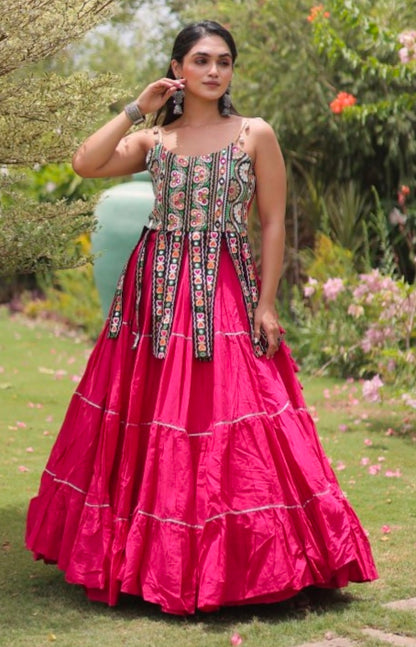 Pink Pure Kora Cotton Kutchi Patchwork Navratri Lehenga Choli
