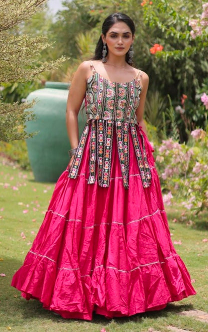 Pink Pure Kora Cotton Kutchi Patchwork Navratri Lehenga Choli