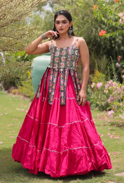 Pink Pure Kora Cotton Kutchi Patchwork Navratri Lehenga Choli