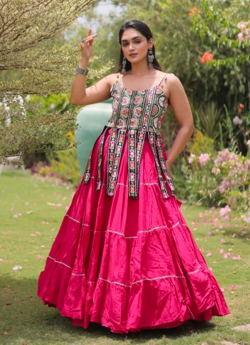 Pink Pure Kora Cotton Kutchi Patchwork Navratri Lehenga Choli