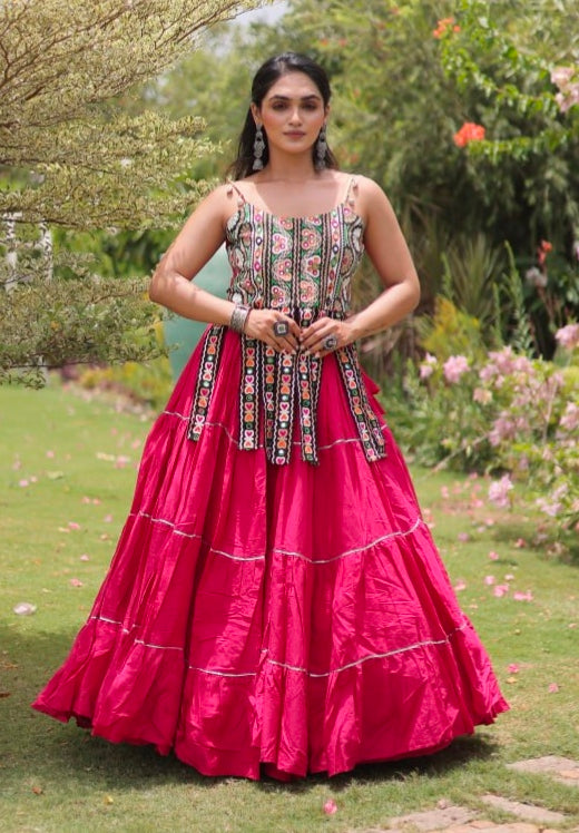 Pink Pure Kora Cotton Kutchi Patchwork Navratri Lehenga Choli