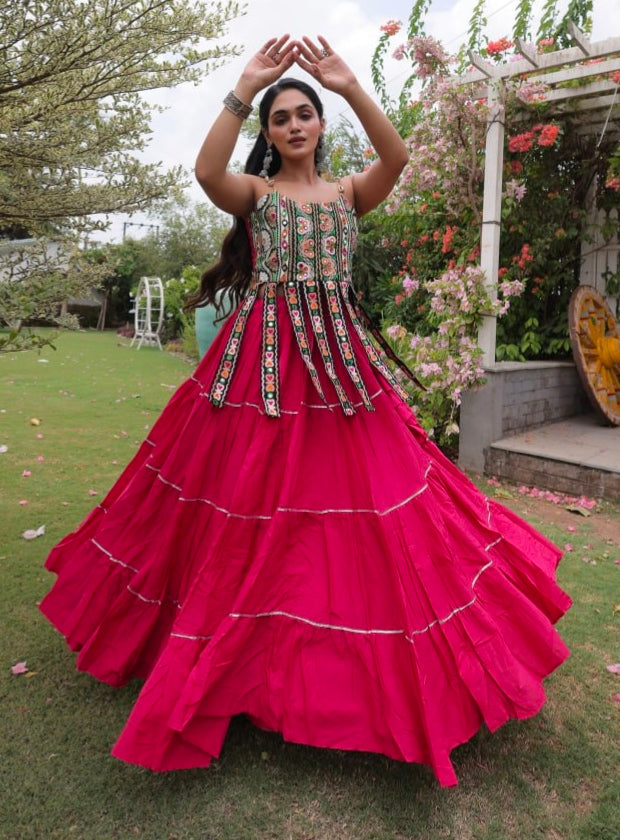 Pink Pure Kora Cotton Kutchi Patchwork Navratri Lehenga Choli