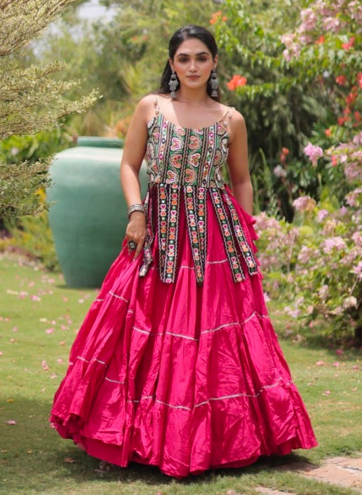 Pink Pure Kora Cotton Kutchi Patchwork Navratri Lehenga Choli