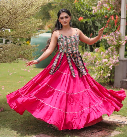 Pink Pure Kora Cotton Kutchi Patchwork Navratri Lehenga Choli