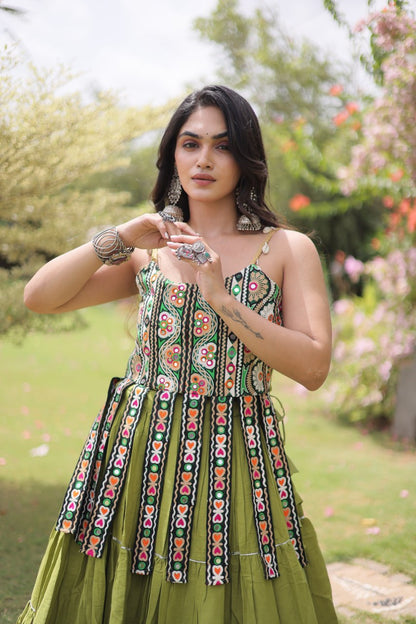Green Pure Kora Cotton Kutchi Patchwork Navratri Lehenga Choli