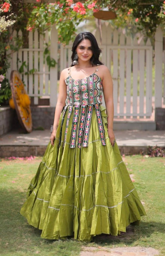 Green Pure Kora Cotton Kutchi Patchwork Navratri Lehenga Choli
