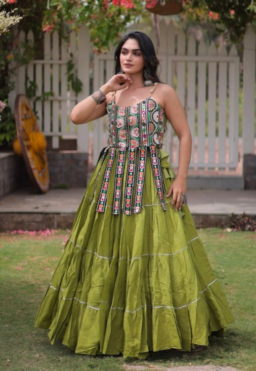 Green Pure Kora Cotton Kutchi Patchwork Navratri Lehenga Choli