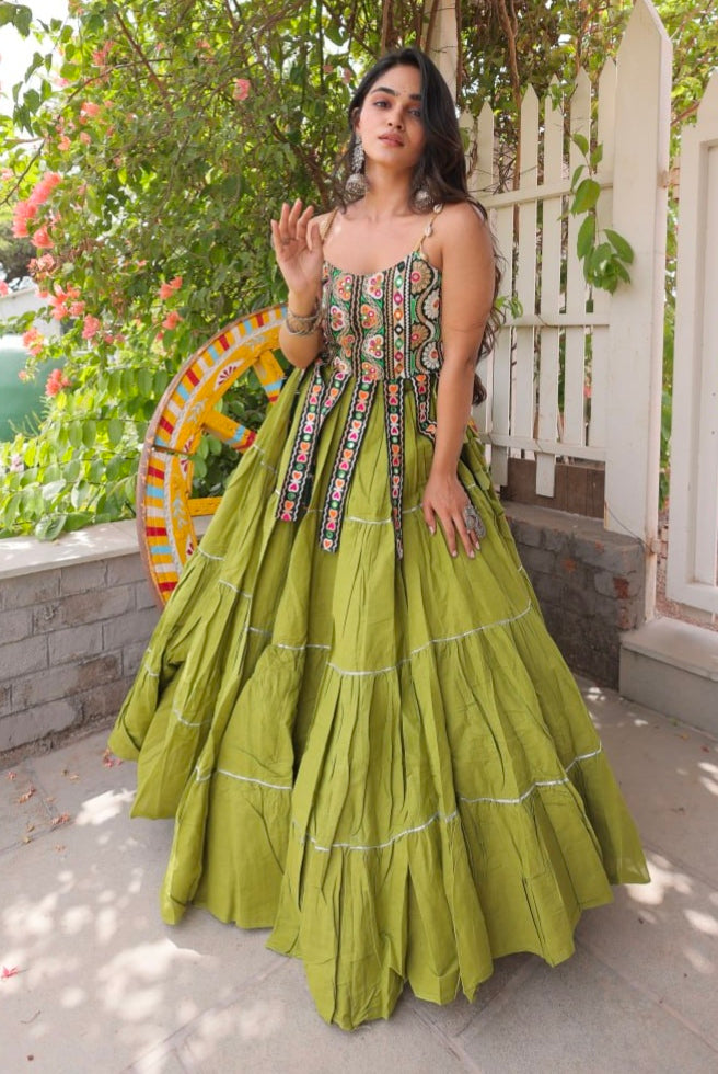 Green Pure Kora Cotton Kutchi Patchwork Navratri Lehenga Choli