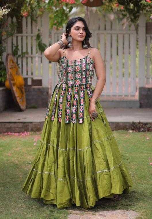 Green Pure Kora Cotton Kutchi Patchwork Navratri Lehenga Choli