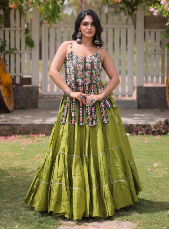 Green Pure Kora Cotton Kutchi Patchwork Navratri Lehenga Choli