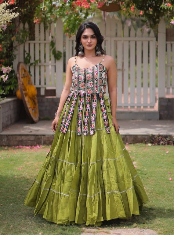 Green Pure Kora Cotton Kutchi Patchwork Navratri Lehenga Choli