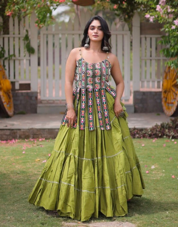 Green Pure Kora Cotton Kutchi Patchwork Navratri Lehenga Choli