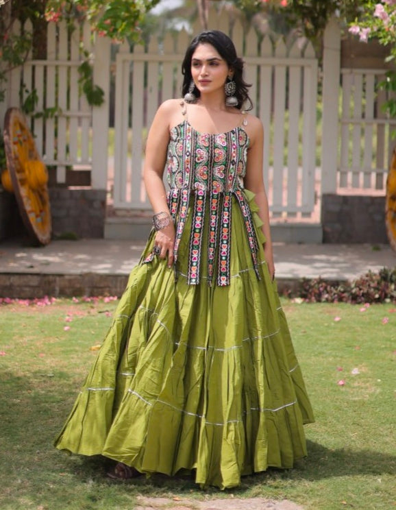 Green Pure Kora Cotton Kutchi Patchwork Navratri Lehenga Choli