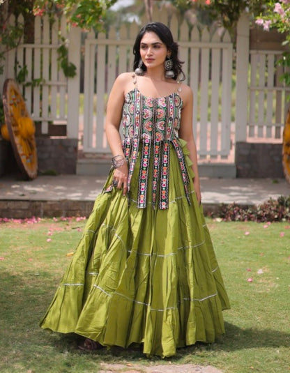 Green Pure Kora Cotton Kutchi Patchwork Navratri Lehenga Choli