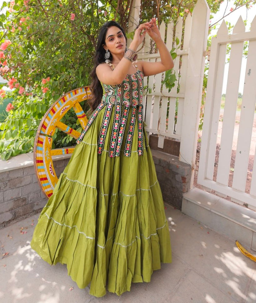 Green Pure Kora Cotton Kutchi Patchwork Navratri Lehenga Choli