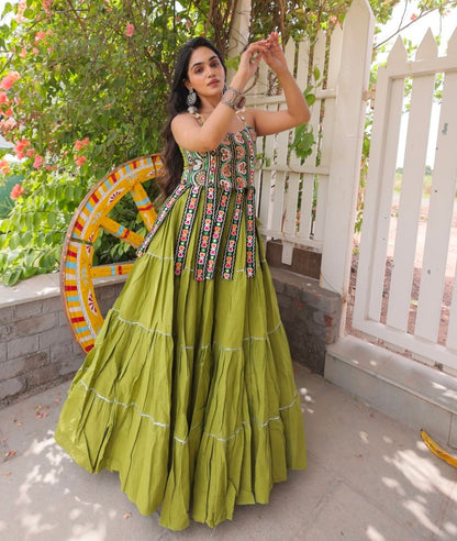 Green Pure Kora Cotton Kutchi Patchwork Navratri Lehenga Choli