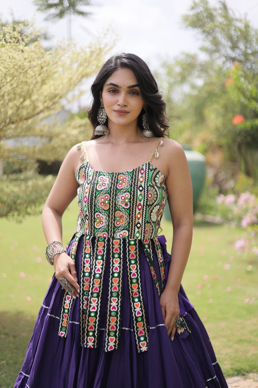 Purple Pure Kora Cotton Kutchi Patchwork Navratri Lehenga Choli