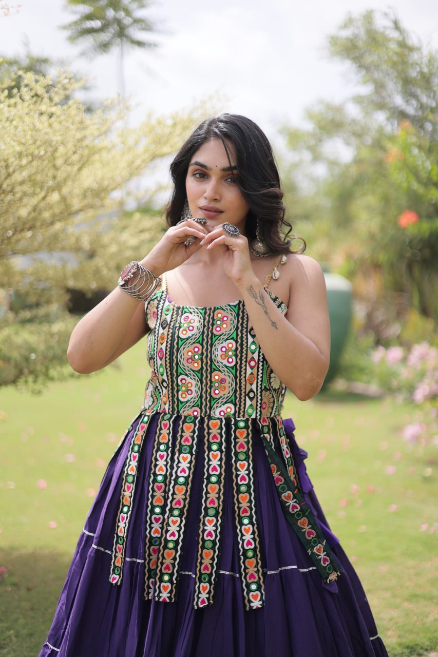 Purple Pure Kora Cotton Kutchi Patchwork Navratri Lehenga Choli
