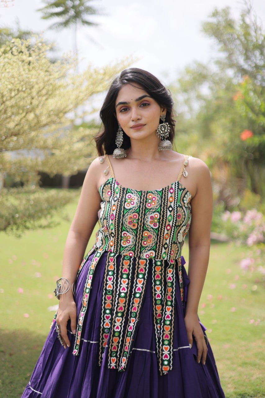 Purple Pure Kora Cotton Kutchi Patchwork Navratri Lehenga Choli