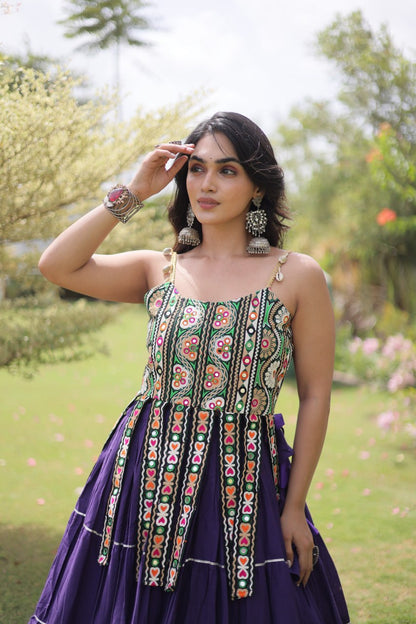 Purple Pure Kora Cotton Kutchi Patchwork Navratri Lehenga Choli