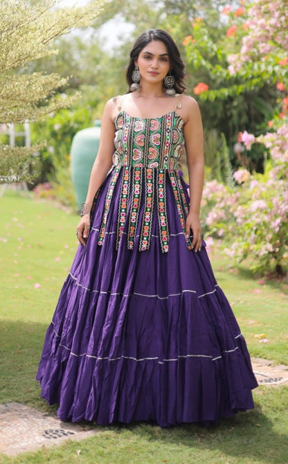 Purple Pure Kora Cotton Kutchi Patchwork Navratri Lehenga Choli