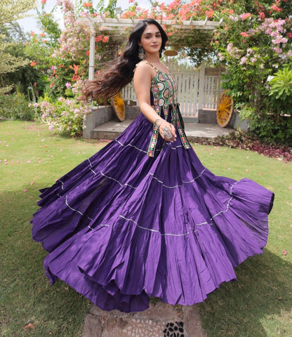 Purple Pure Kora Cotton Kutchi Patchwork Navratri Lehenga Choli