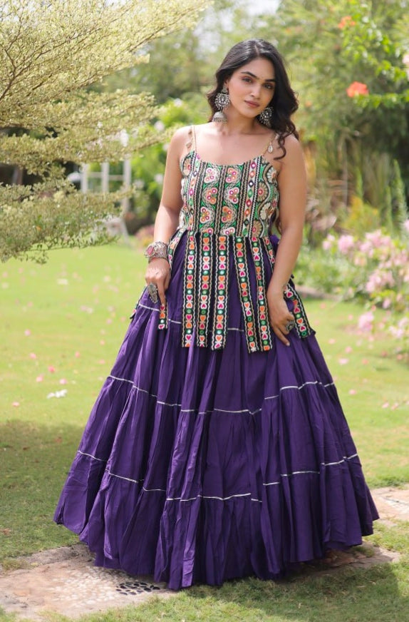 Purple Pure Kora Cotton Kutchi Patchwork Navratri Lehenga Choli