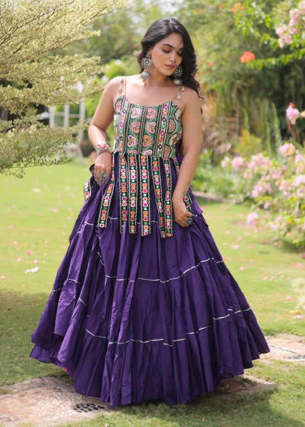 Purple Pure Kora Cotton Kutchi Patchwork Navratri Lehenga Choli