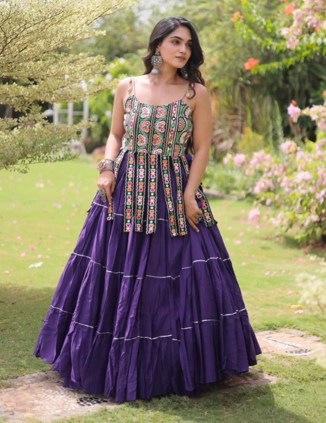 Purple Pure Kora Cotton Kutchi Patchwork Navratri Lehenga Choli