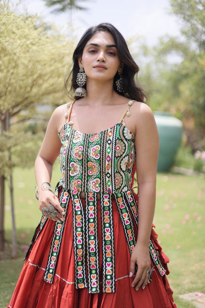 Rust Pure Kora Cotton Kutchi Patchwork Navratri Lehenga Choli