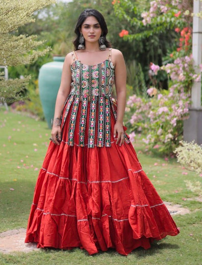 Rust Pure Kora Cotton Kutchi Patchwork Navratri Lehenga Choli