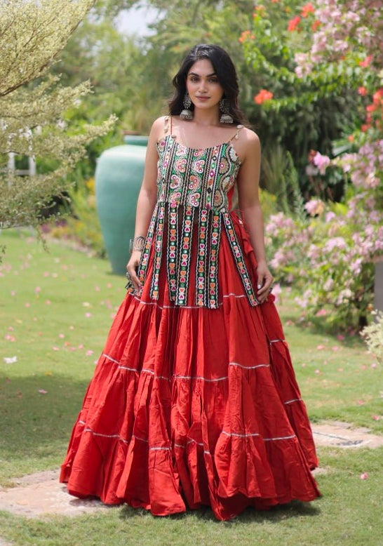 Rust Pure Kora Cotton Kutchi Patchwork Navratri Lehenga Choli
