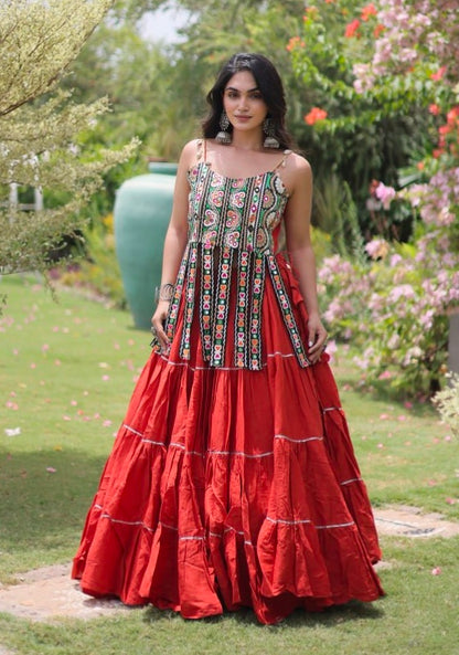 Rust Pure Kora Cotton Kutchi Patchwork Navratri Lehenga Choli