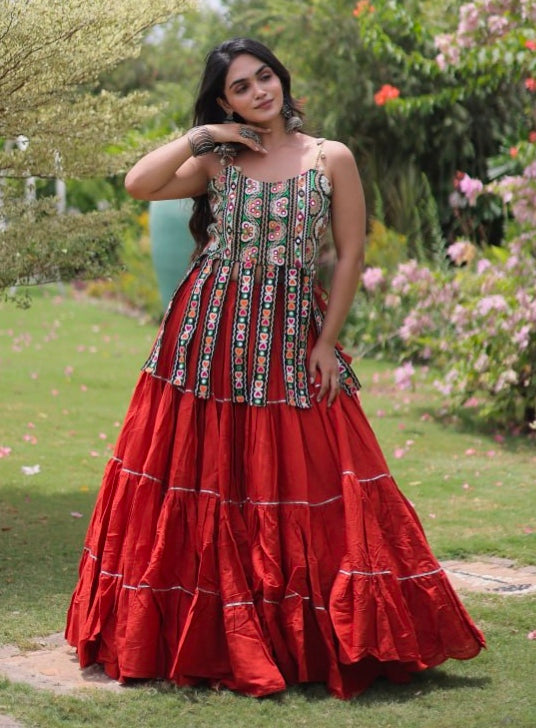Rust Pure Kora Cotton Kutchi Patchwork Navratri Lehenga Choli