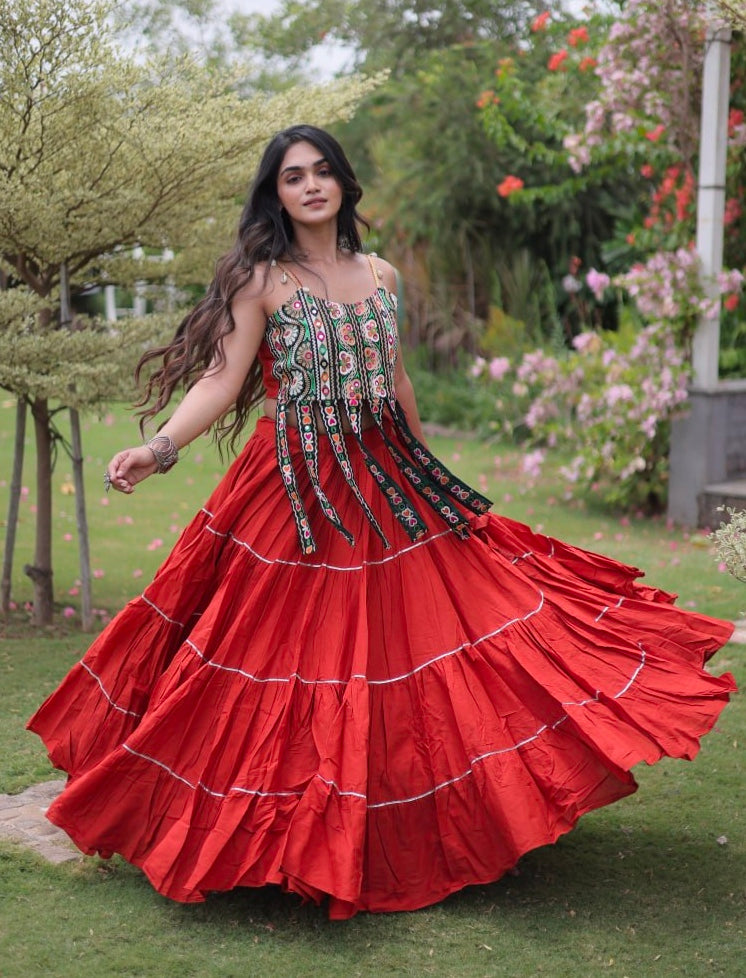Rust Pure Kora Cotton Kutchi Patchwork Navratri Lehenga Choli