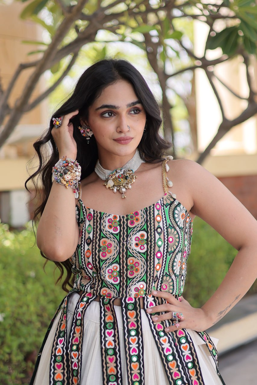 White Pure Kora Cotton Kutchi Patchwork Navratri Lehenga Choli
