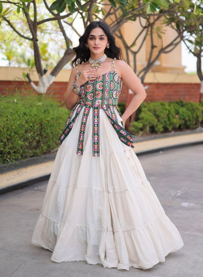 White Pure Kora Cotton Kutchi Patchwork Navratri Lehenga Choli