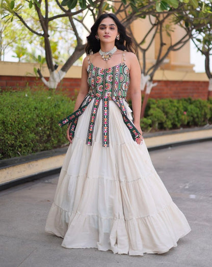 White Pure Kora Cotton Kutchi Patchwork Navratri Lehenga Choli