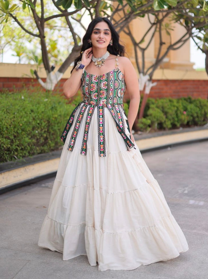 White Pure Kora Cotton Kutchi Patchwork Navratri Lehenga Choli