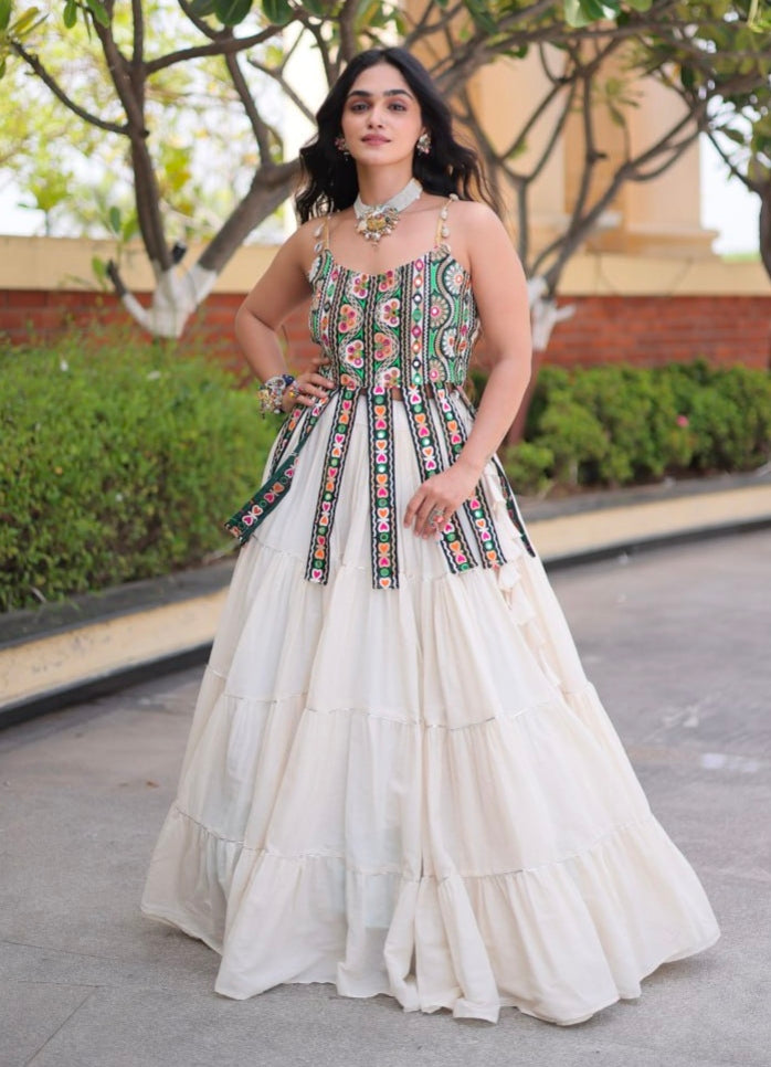 White Pure Kora Cotton Kutchi Patchwork Navratri Lehenga Choli