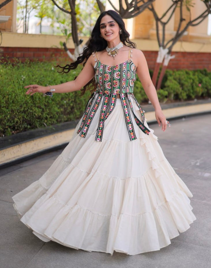 White Pure Kora Cotton Kutchi Patchwork Navratri Lehenga Choli
