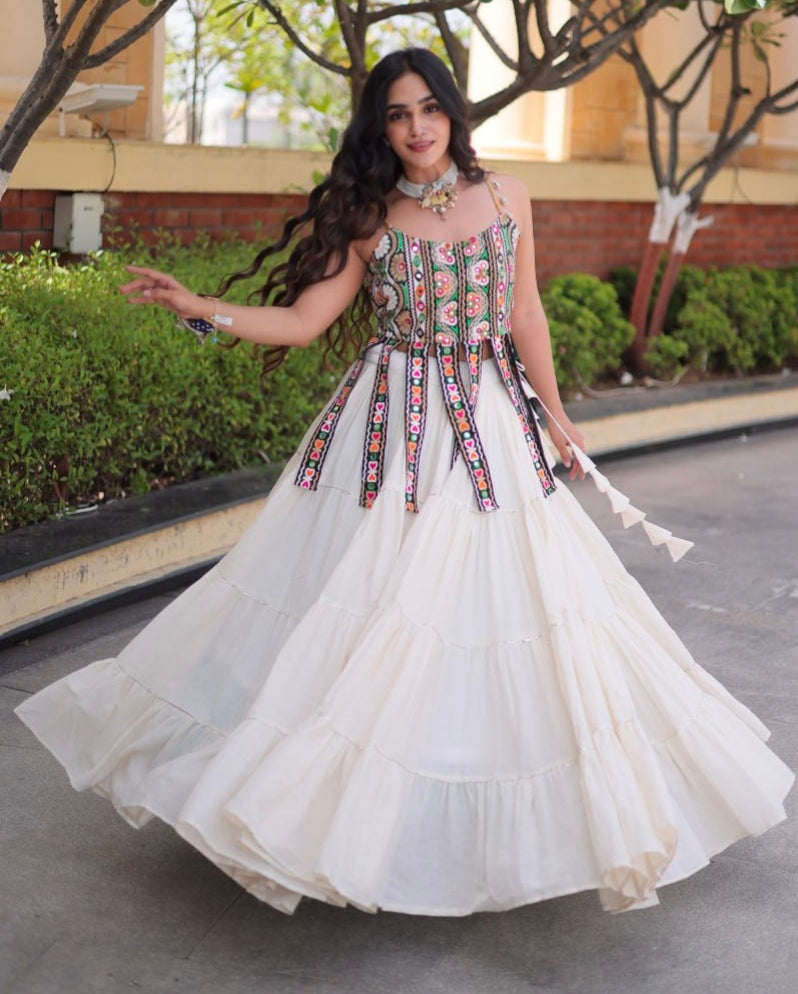 White Pure Kora Cotton Kutchi Patchwork Navratri Lehenga Choli